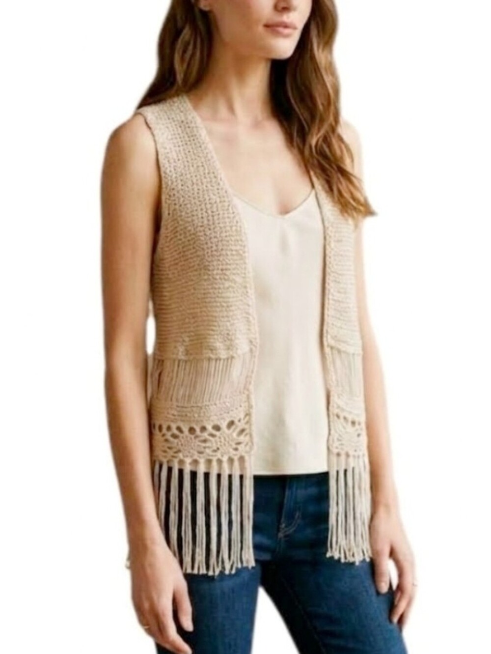 FANG Vest Boho Crocheted Fringed Beige Size M